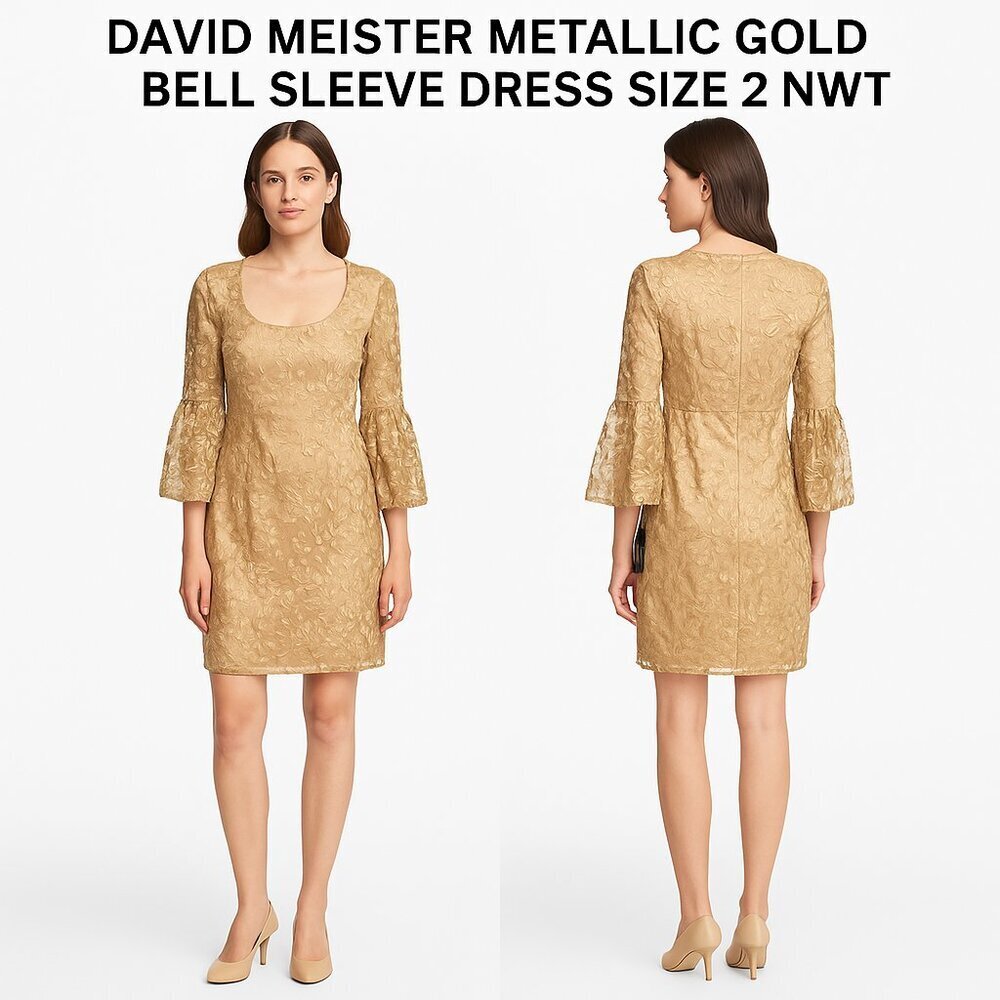 DAVID MEISTER METALLIC GOLD BELL SLEEVE DRESS SIZE 2 NWT